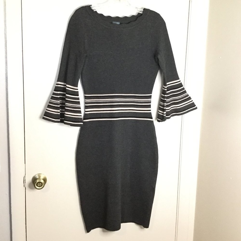 Gabby Skye Grey Bell Sleeve Stripe Trim Sweater Dress